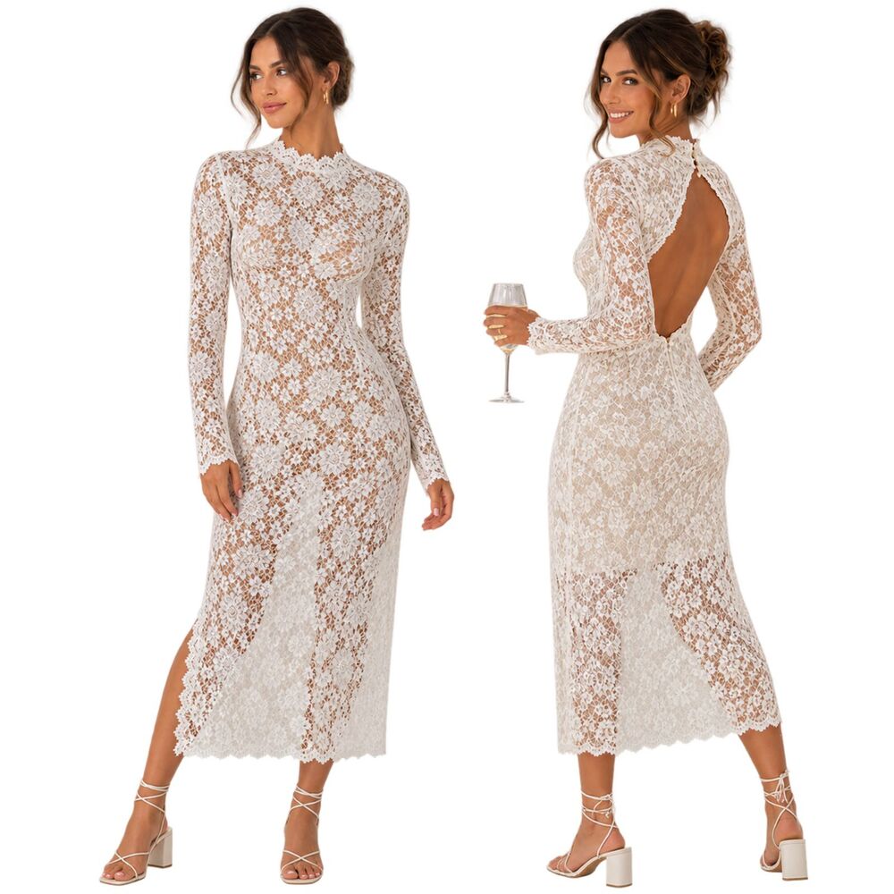 White Lace Midi Dress Beach Wedding Bridal Shower Sheer Coverup ASTR size S